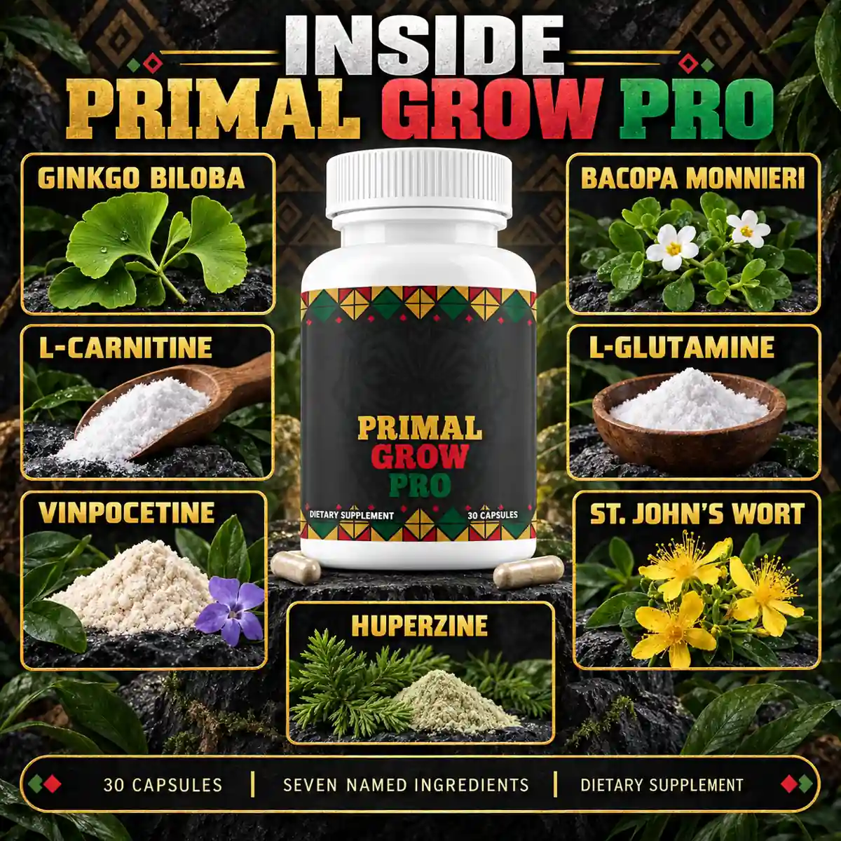 The supplied Primal Grow Pro ingredient artwork; Bacopa Monnieri is the second of seven names, printed without any extract type or bacoside figure