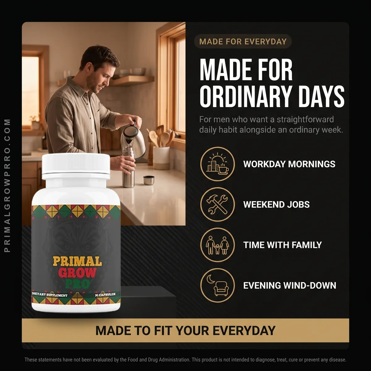 Who Primal Grow Pro is for: men who want a simple daily habit for workday mornings, weekend jobs and family time