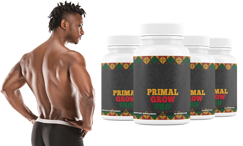 Primal Grow Pro male vitality capsule bottles beside an active adult man